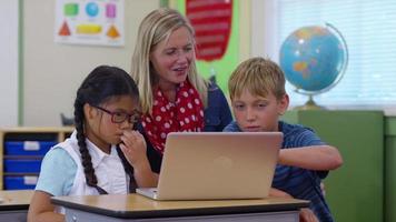 Teacher working with two students on computer project in school classroom video