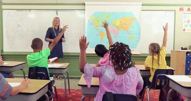 Teacher in front of class asking math questions video