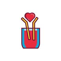 valentines day heart in drink with straw line and fill style vector