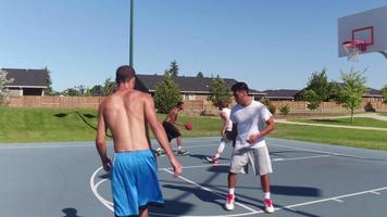 Friends playing basketball at park