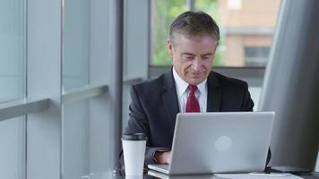 Reifer Geschäftsmann mit Laptop-Computer in der Bürolobby video