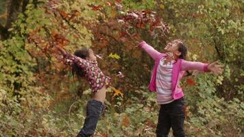 twee jonge meisjes in de herfst die een stapel bladeren gooien video