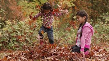 twee jonge meisjes in de herfst die een stapel bladeren gooien