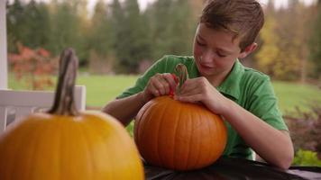 Junge, der Kürbis für Halloween schnitzt video