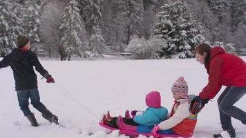 Kinder spielen und schieben Schlitten im Winterschnee video