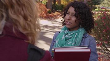 Two college students on campus walking together video