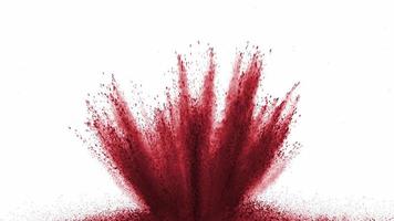 rotes Pulver, das auf weißem Hintergrund in Superzeitlupe explodiert, aufgenommen mit Phantomflex 4k video