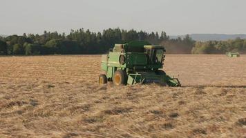 travelling d'une moissonneuse-batteuse dans un champ au coucher du soleil, willamette valley oregon, usa. video