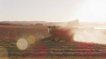 Tracking shot of combine in field at sunset, Willamette Valley Oregon, USA. video