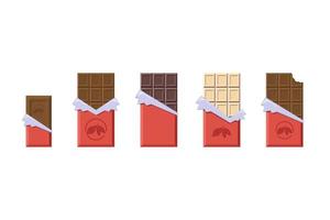 Milk and Dark and White Chocolate Bars in Opened Red Wrapper and Foil Collection vector