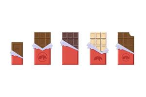 Leche y barras de chocolate negro y blanco en envoltorio rojo abierto y colección de papel de aluminio vector