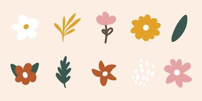 Set of modern spring doodle vector flowers