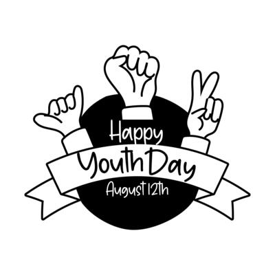 happy youth day lettering with hands symbols line style