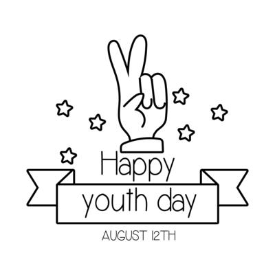 happy youth day lettering with hand peace and love symbol line style