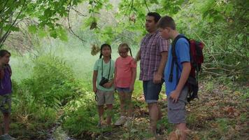 Kids at summer camp look at small creek video