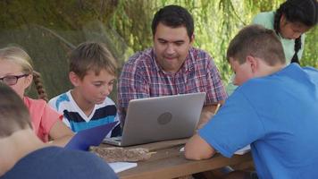 Kids at outdoor school using laptop computer video