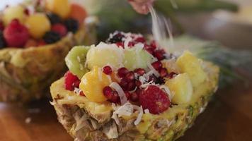 preparando salada de frutas tropicais com abacaxi, frutas vermelhas, melão e romã video