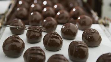 truffes au chocolat sur un tapis roulant à l'usine de bonbons
