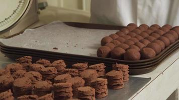 Hacer trufas de chocolate en una fábrica de dulces. video