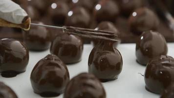 Chocolate truffles on a conveyor belt at candy factory video