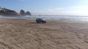 Aerial view of group of friends driving on beach in vintage vehicle video