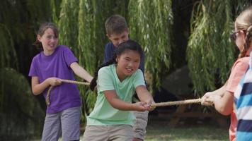 kinderen op zomerkamp die touwtrekken of oorlog spelen video