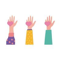 happy friendship day celebration with hands lifting hearts pastel flat style vector