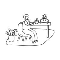 eldery man eating coffee and pie in home activity line style vector