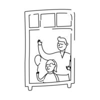 father and daughter with balloon helium in apartment window for quarantine line style vector