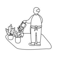 eldery man care plants in home activity line style vector