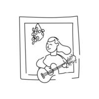 woman playing guitar in apartment window for quarantine line style vector