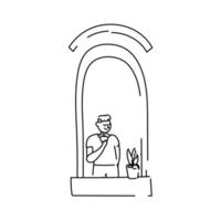 man drinking coffee in apartment window for quarantine line style vector