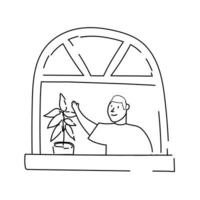 afro man waving in apartment window for quarantine line style vector