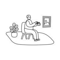 eldery cutting with scissors man in home activity line style vector