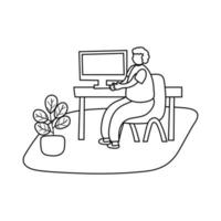 eldery man using desktop in home activity line style vector