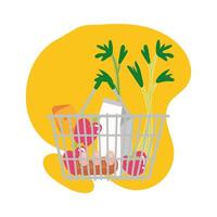 groceries in metalic basket block style vector