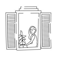 Mujer sentada en la ventana del apartamento para estilo de línea de cuarentena vector