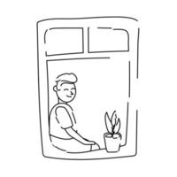 Hombre sentado en la ventana del apartamento para estilo de línea de cuarentena vector