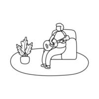 eldery man playing guitar in home activity line style vector
