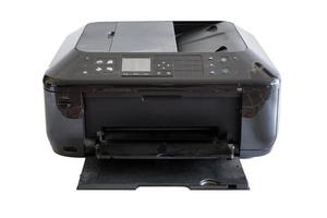 Tóner de impresora de documentos negros y colores, aislado sobre fondo foto