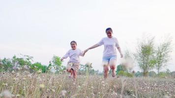 glückliche asiatische familie, die spaß hat und zusammen läuft, geht durch einen niedrigen kamerawinkel im grasblumenfeld mutter und tochter haben ein großes lächeln, während sie die hand halten und mutterschaft und kindheit laufen lassen video