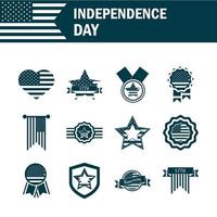 feliz día de la independencia, bandera americana, libertad nacional, patriotismo, iconos, conjunto, silueta, estilo vector