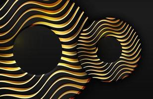 Luxury 3d realistic background with gold circle shape Vector illustration of black circle shapes textured with golden wavy lines