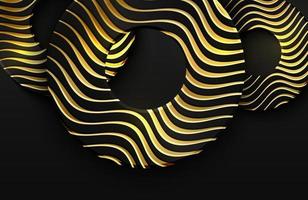 Luxury 3d realistic background with gold circle shape. Vector illustration of black circle shapes textured with golden wavy lines