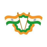 feliz día de la independencia banderas de la india y decoración de la insignia icono de estilo plano festivo vector