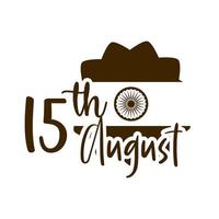 feliz día de la independencia india celebración de la fecha de letras con el icono de estilo de silueta de rueda de ashoka vector