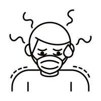 covid 19 prevención del coronavirus hombre con máscara y síntomas debilidad fiebre y dolor de cabeza icono de estilo de línea vector