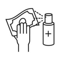 limpiar desinfección alcohol spray limpieza dinero desinfectar productos protección coronavirus enfermedad icono de estilo de línea vector