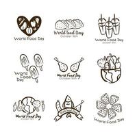 paquete de nueve iconos de estilo de línea de letras de celebración del día mundial de la comida vector