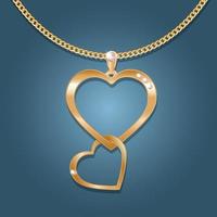 Necklace with a two heart pendant on a gold chain. Inlaid with diamonds. Decoration for women.